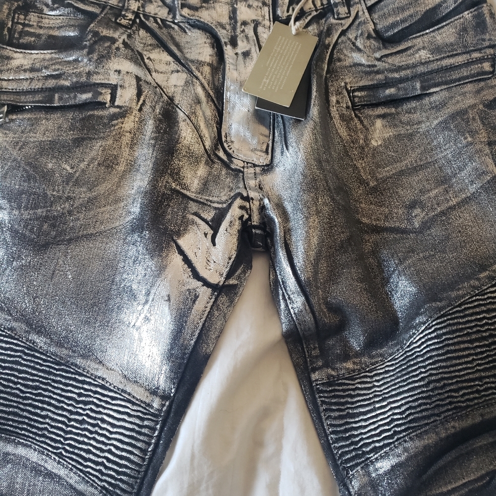 Balmain Silver Biker Stretch Jeans,NWT Size 36